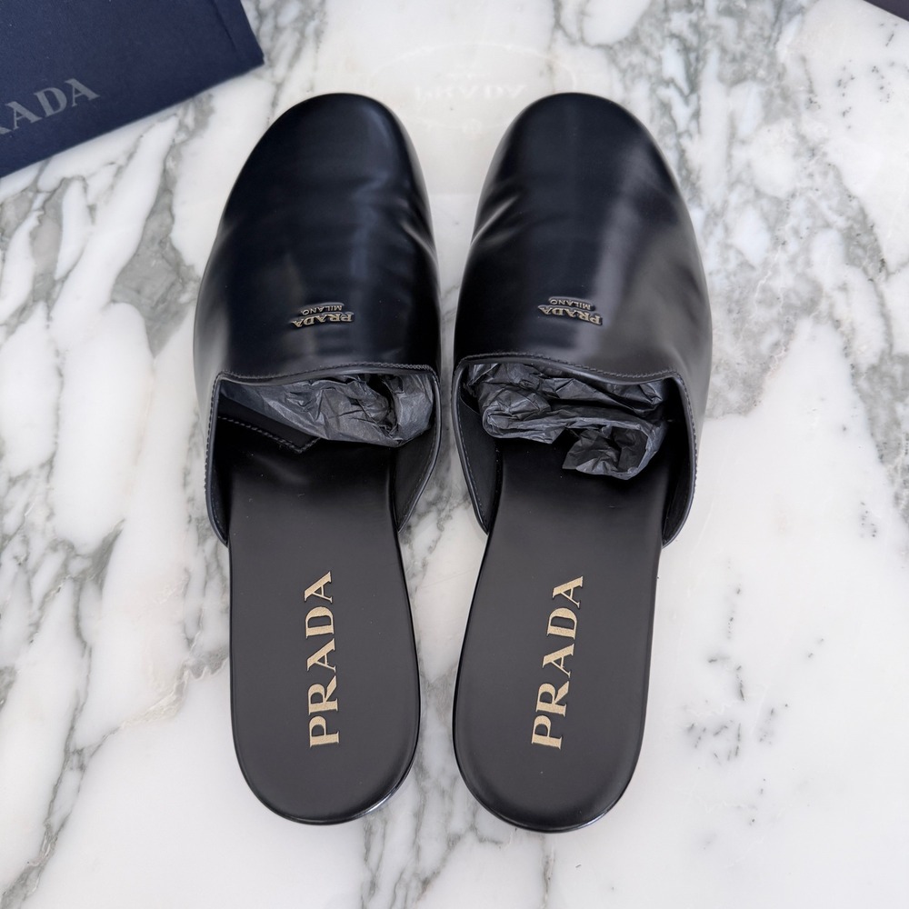 Prada Milano Black Leather Mule Slides Gold Logo Slip On Flat Shoes Mens UK7 - Picture 7 of 13